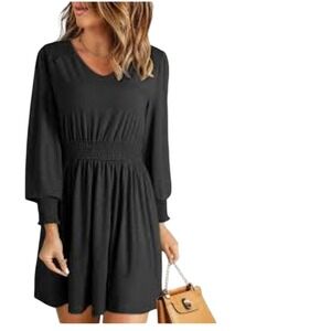 Dokotoo Womens Black Smocked Waist V-Neck Long Sleeve Mini Dress XL New